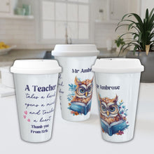 Заредете изображение във визуализатора на галерията – Персонализирана керамична термо чаша Подарък за учител - Бухал с книга