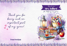 Заредете изображение във визуализатора на галерията – Персонализиран бележник от изкуствена кожа/ или картонена корица/ тетрадка за учител - Бухалче в лилаво