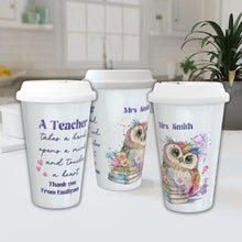 Заредете изображение във визуализатора на галерията – Персонализирана керамична термо чаша Подарък за учител -бухал с книга и цветя