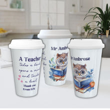 Заредете изображение във визуализатора на галерията – Персонализирана керамична термо чаша Подарък за учител -бухал с книга