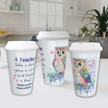Заредете изображение във визуализатора на галерията – Персонализирана керамична термо чаша Подарък за учител -Бухалче