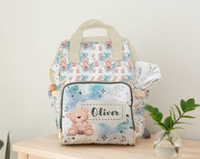 Заредете изображение във визуализатора на галерията – Персонализирана чанта раница за бебешки пелени и принадлежности - Мече за момче
