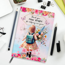 Заредете изображение във визуализатора на галерията – Персонализиран бележник от изкуствена кожа/ или картонена корица/ тетрадка за учител - Момиче с букет