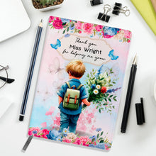 Заредете изображение във визуализатора на галерията – Персонализиран бележник от изкуствена кожа/ или картонена корица/ тетрадка за учител - Момче с букет