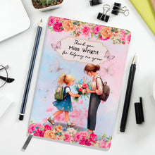 Заредете изображение във визуализатора на галерията – Персонализиран бележник от изкуствена кожа/ или картонена корица/ тетрадка за учител - Момиче с букет за учителка