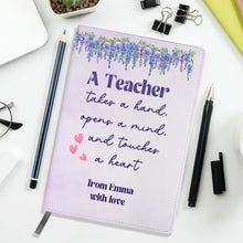Заредете изображение във визуализатора на галерията – Персонализиран бележник от изкуствена кожа/ или картонена корица за учител - Бухал в лилаво