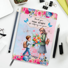 Заредете изображение във визуализатора на галерията – Персонализиран бележник от изкуствена кожа/ или картонена корица/ тетрадка за учител - Момче с букет за учителка