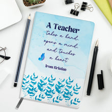 Заредете изображение във визуализатора на галерията – Персонализиран бележник от изкуствена кожа/ или картонена корица за учител мъж учител - Бухал светло син