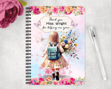 Заредете изображение във визуализатора на галерията – Персонализиран бележник от изкуствена кожа/ или картонена корица/ тетрадка за учител - Момиче с букет