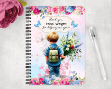 Заредете изображение във визуализатора на галерията – Персонализиран бележник от изкуствена кожа/ или картонена корица/ тетрадка за учител - Момче с букет