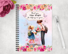 Заредете изображение във визуализатора на галерията – Персонализиран бележник от изкуствена кожа/ или картонена корица/ тетрадка за учител - Момиче с букет за учителка