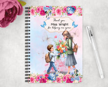 Заредете изображение във визуализатора на галерията – Персонализиран бележник от изкуствена кожа/ или картонена корица/ тетрадка за учител - Момче с букет за учителка