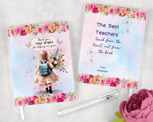 Заредете изображение във визуализатора на галерията – Персонализиран бележник от изкуствена кожа/ или картонена корица/ тетрадка за учител - Момиче с букет