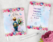 Заредете изображение във визуализатора на галерията – Персонализиран бележник от изкуствена кожа/ или картонена корица/ тетрадка за учител - Момче с букет