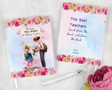 Заредете изображение във визуализатора на галерията – Персонализиран бележник от изкуствена кожа/ или картонена корица/ тетрадка за учител - Момиче с букет за учителка