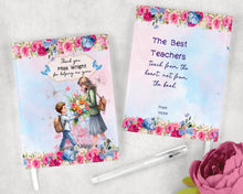 Заредете изображение във визуализатора на галерията – Персонализиран бележник от изкуствена кожа/ или картонена корица/ тетрадка за учител - Момче с букет за учителка