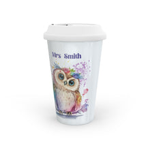 Заредете изображение във визуализатора на галерията – Персонализирана керамична термо чаша Подарък за учител -бухал с книга и цветя