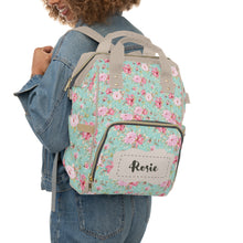 Заредете изображение във визуализатора на галерията – Персонализирана чанта раница за бебешки пелени и принадлежности -Тюркоаз и цветя