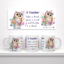 Заредете изображение във визуализатора на галерията – Персонализирана чаша Подарък за учител - Бухал с книга и цветя