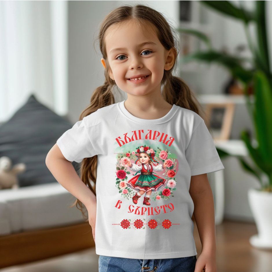 Детска Традиционна Тениски -  момиче с рози с българска шевица