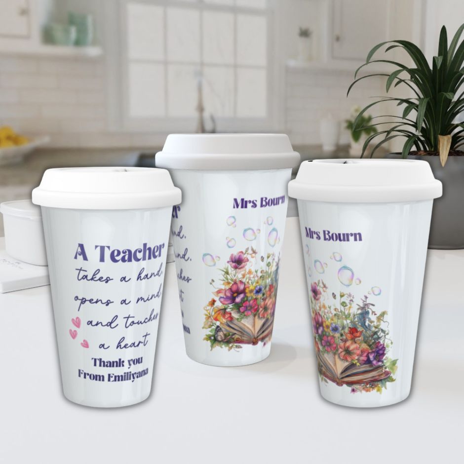 Персонализирана  керамична термо чаша Подарък за учител -Книга с цветя