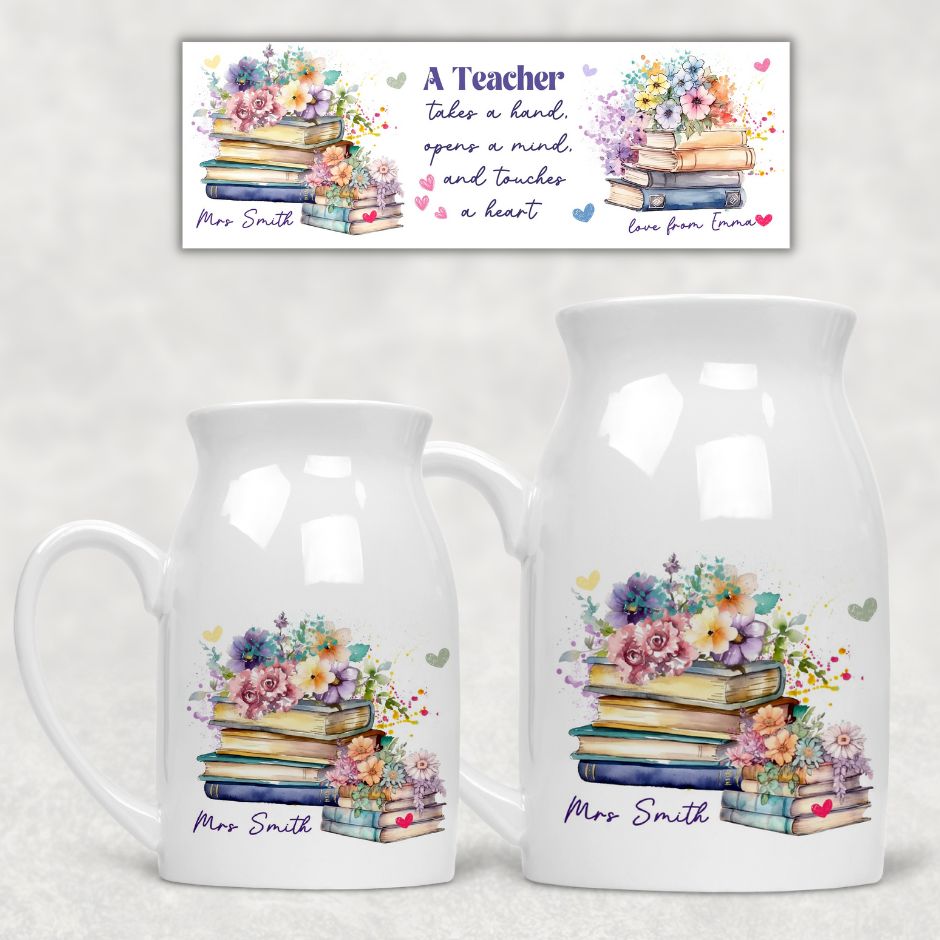 Персонализирана керамична ваза Подарък за учител - Книги с Цветя
