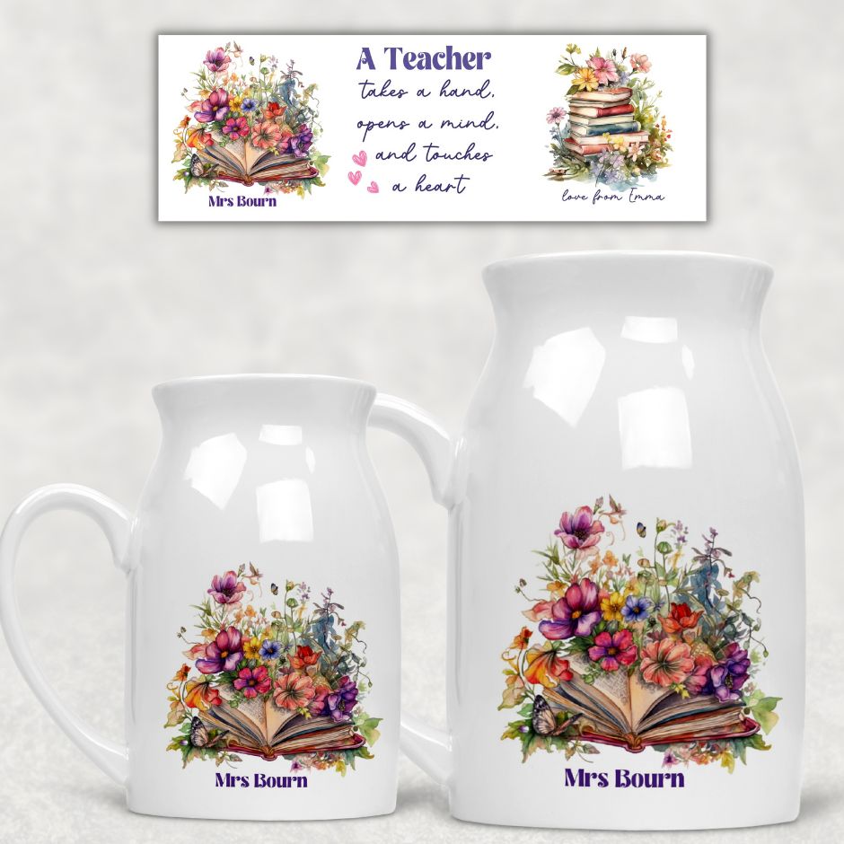 Персонализирана керамична ваза Подарък за учител - отворена книга с цветя