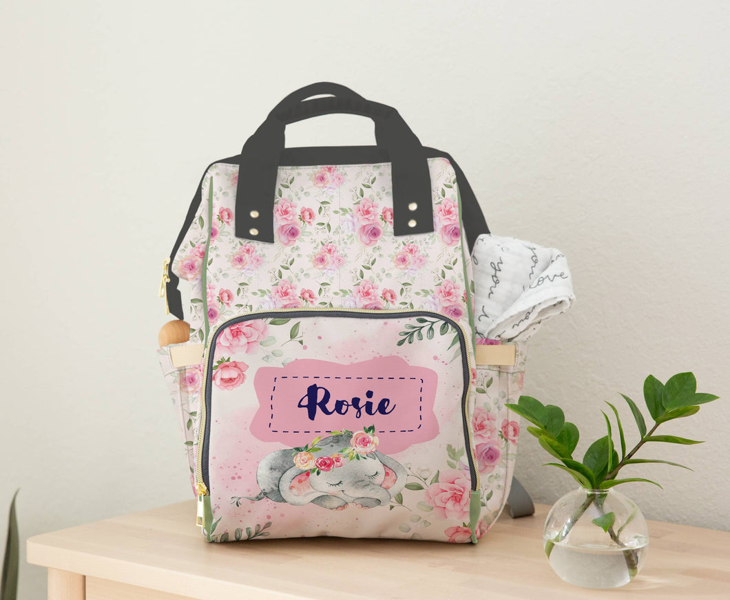 Персонализирана чанта раница за бебешки пелени и принадлежности - розово слонче
