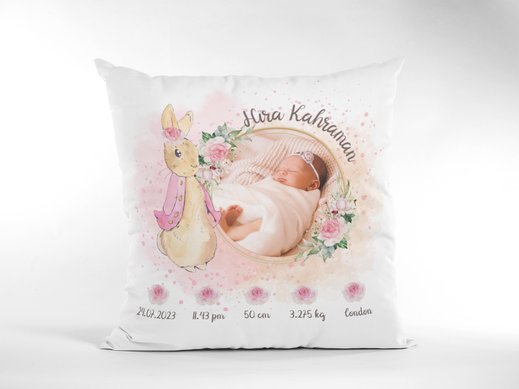 Персонализирана възглавница за новородено - Питър заек за Момиче