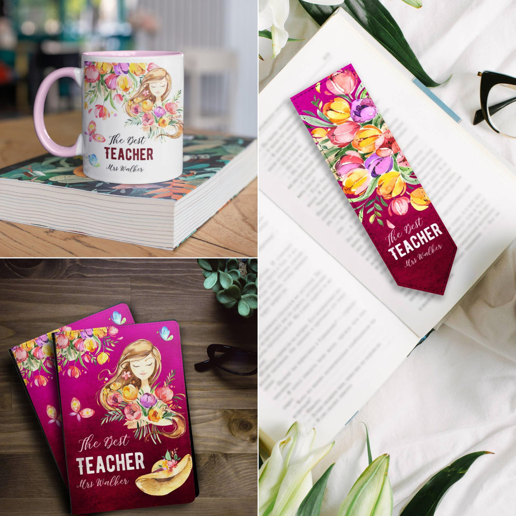 Комплект Персонализиран тефтер, чаша и книгоразделител  за учител - Цветя в бордо