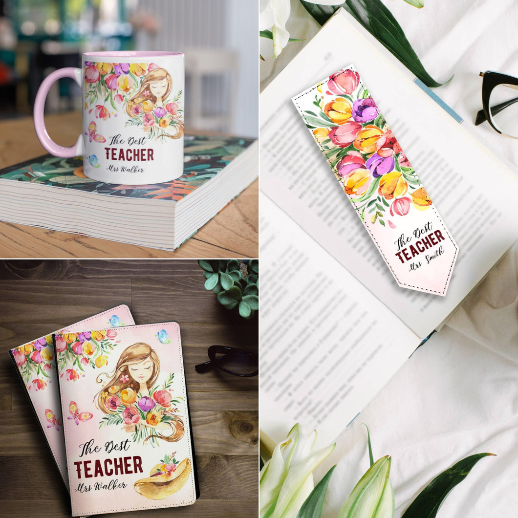 Комплект Персонализиран тефтер, чаша и книгоразделител  за учител - Момиче с Цветя в розово