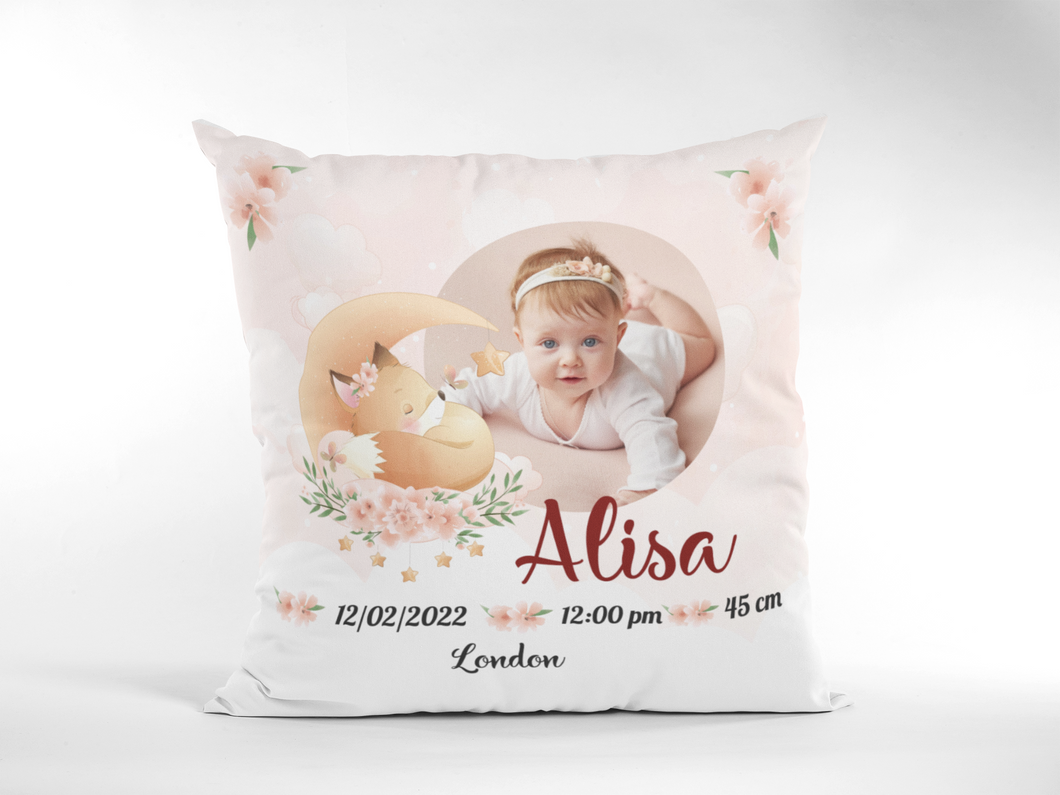 Персонализирана бебешка възглавница визитка за момиче - Лисичка със снимка