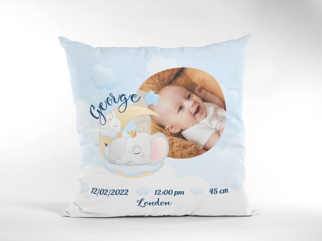 Персонализирана бебешка възглавница визитка за момиче - Слонче със снимка