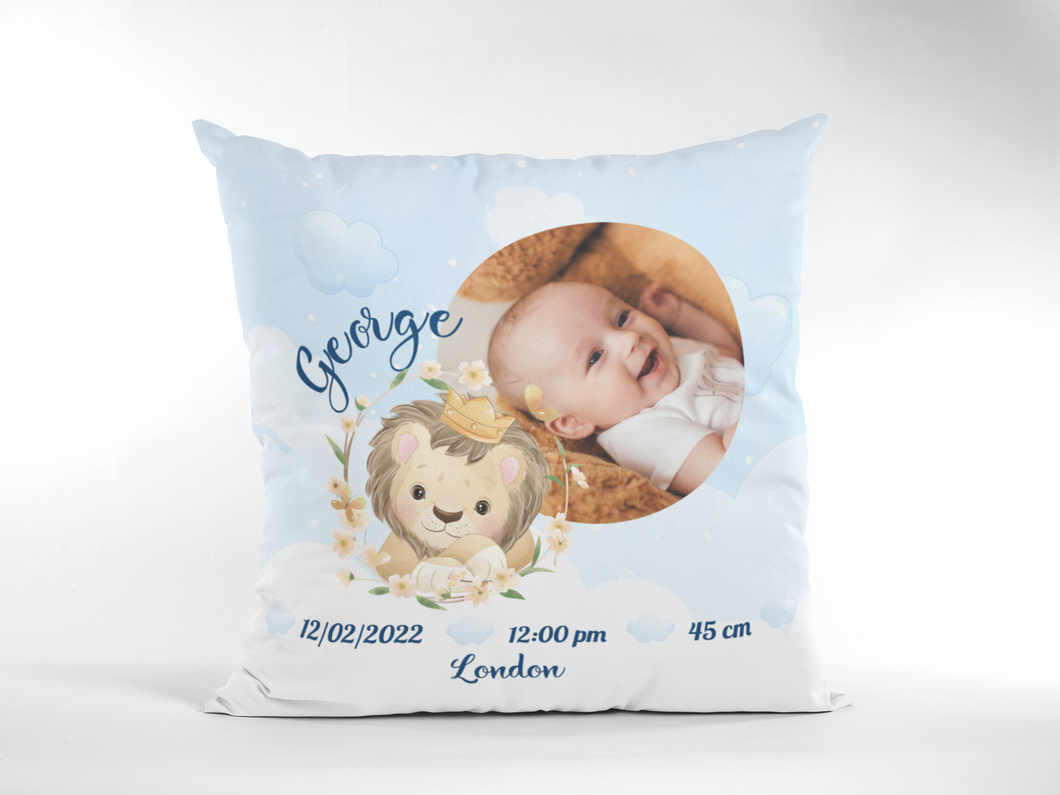Персонализирана възглавница за новородено Бебе - Лъвче за момче със снимка